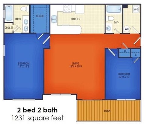 Floor plan for 2 beds, 2 baths, 1231 sqft
